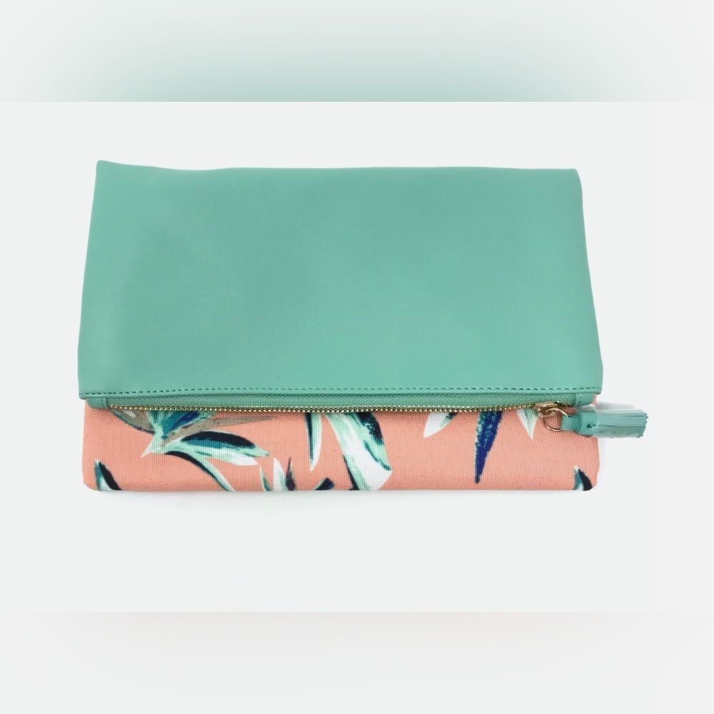 New Rachel Pally Coral Orange Green Tropical Print Reversible Clutch Foldover